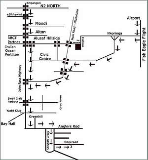 Map to Duck Inn bed and breakfast accommodation in Richards Bay, KZN